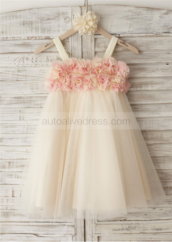 Thin Straps Champagne Tulle Floral Flower Girl Dress